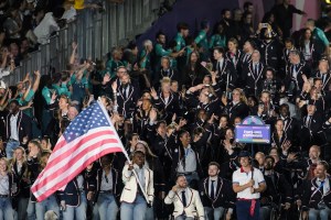 US' delegation arrives during the Parade of Nations as part of the Paris 2024 Paralympic Games Opening Ceremony at the Place de la Concorde in Paris on August 28, 2024.