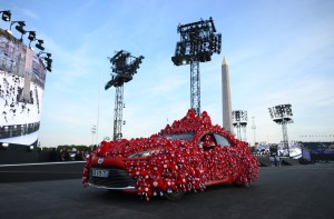 A car is seen decorated in miniature Paralympic Phryge's, Official Mascot of the 2024 Paris Paralympics, during the opening ceremony of the Paris 2024 Summer Paralympic Games at Place de la Concorde on August 28, 2024 in Paris, France.