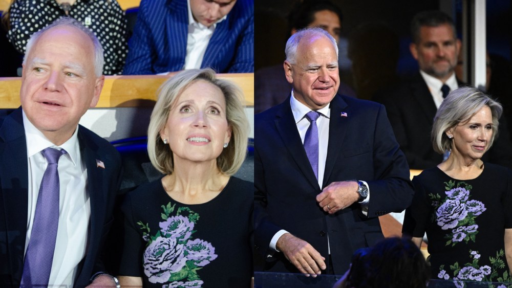 Minnesota Governor and 2024 Democratic vice presidential candidate Tim Walz and his wife Gwen Walz attend the first day of the Democratic National Convention in Chicago on Aug. 19, Carolina Herrera, florals