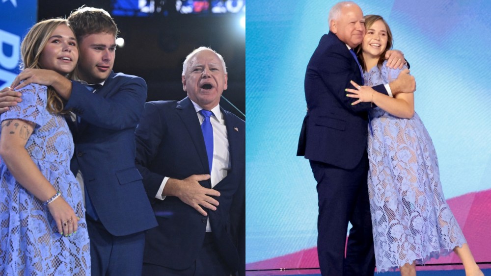 Hope, Gus and Democratic vice presidential nominee Minnesota Governor Tim Walz during the Democratic National Convention on Aug. 21 in Chicago, floral, lace, self-portrait dress