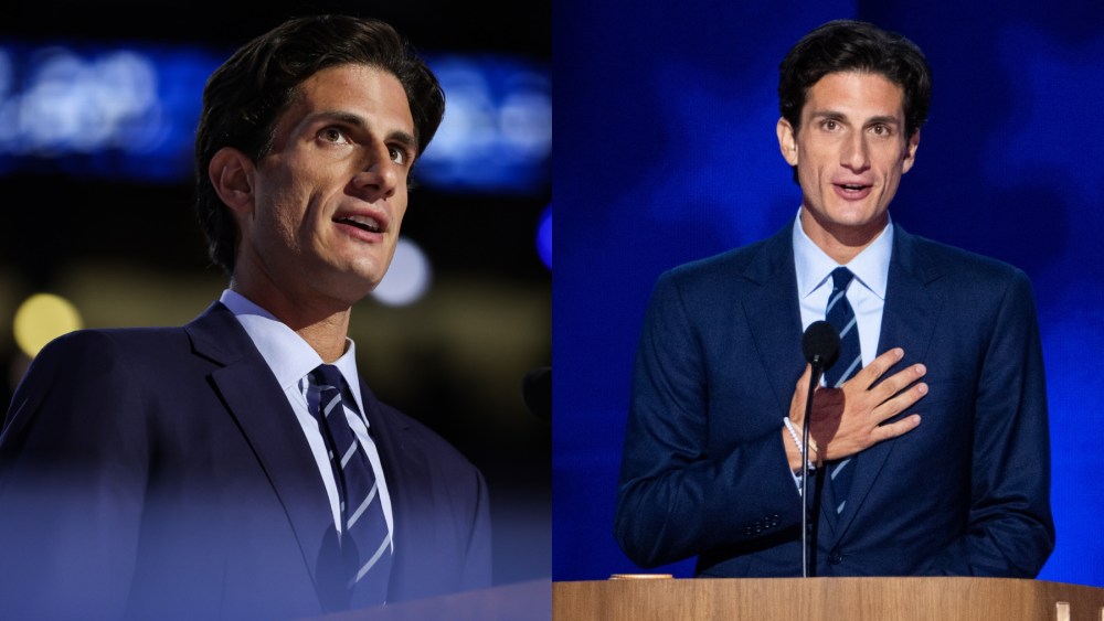 Jack Schlossberg speaks on the second day of the Democratic National Convention in Chicago on Aug. 20, John F. Kennedy JFK and Jackie Kennedy grandson, navy suit