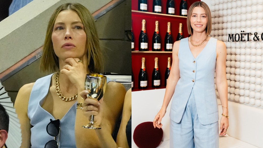 Jessica Biel attends the 2024 U.S. Open on Aug. 28 in New York, powder blue linen pantsuit, Posse, Dior bag