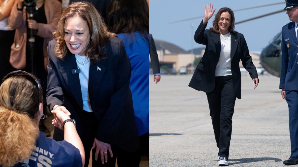Democratic presidential candidate and Vice President Kamala Harris in Savannah, Georgia on Aug. 28, chucks and pearls, converse and pearls, irene neuwirth