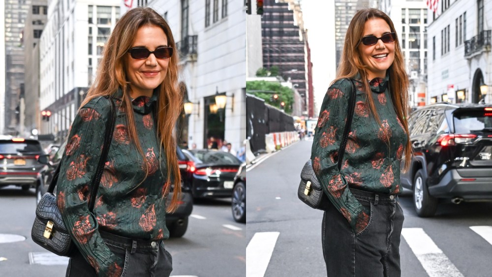 Katie Holmes arrives to a screening of "Pieces of April" on Aug. 26 in New York, A.P.C., Rachel Comey, floral top, metallic mules