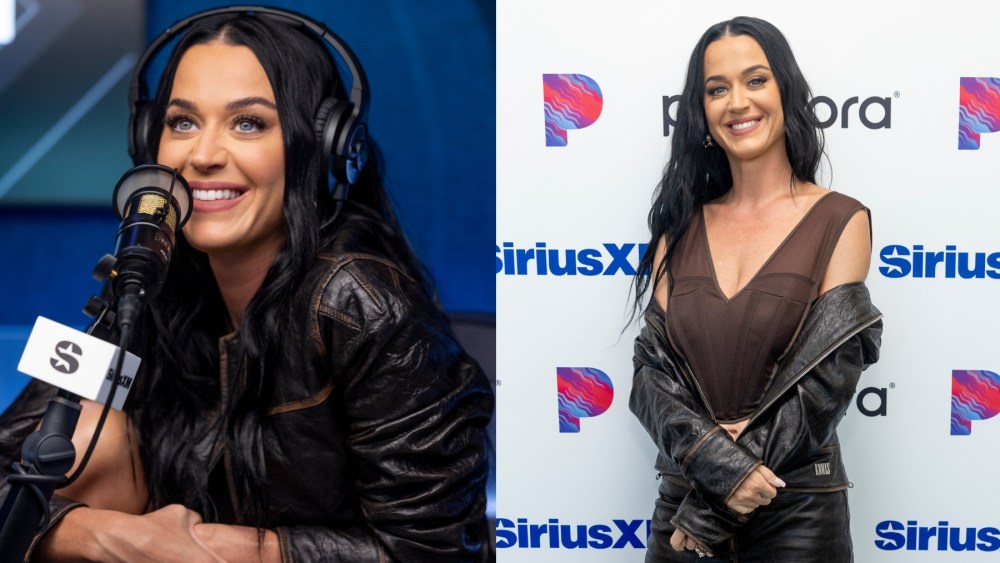 Katy Perry visits the SiriusXM studios on Aug. 19 in Los Angeles, Knwls, leather, brown sheer corset, 143