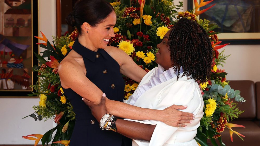 Meghan Markle and Colombia's vice president Francia Márquez in Bogota on Aug. 15, Veronica Beard, Cartier, navy vest, Lorraine Schwartz, Loro Piana