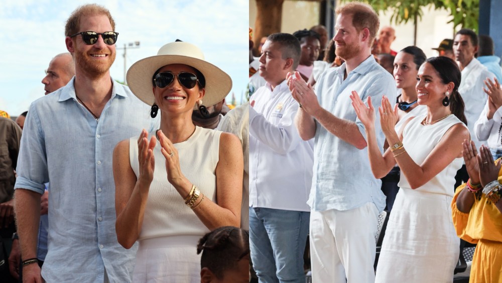 Meghan Markle and Prince Harry on Aug. 17 in Cartagena, Colombia, linen maxiskirt, Cartier tank watch, Princess Diana