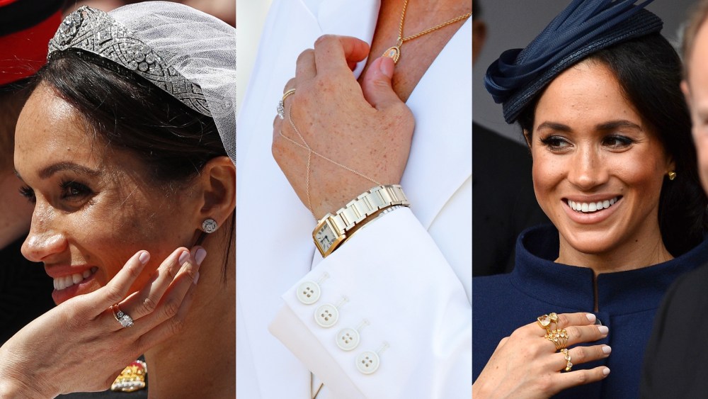 prince harry wife duchess of sussex Meghan Markle, Meghan Markle in 2018 and 2022, jewelry, Princess Diana, Cartier, tank watch, Pippa Small