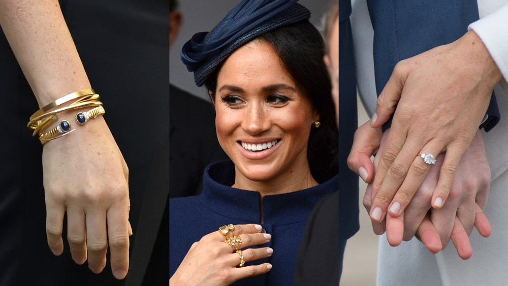 duchess of sussex, prince harry wife, meghan markles favorite jewelry brands, 
 Meghan Markle in 2019, 2018 and 2017, Cartier, Birks, diamonds, gold, jewelry, tank watch, Princess Diana