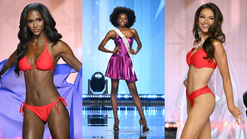 L to R: Miss Texas USA Aarieanna Ware, Miss Colorado USA Jessi Kalambayi and Miss South Carolina USA Gracen Grainger at the 73rd annual Miss USA Pageant on Aug. 4 in Los Angeles, Sherri Hill, metallic minidress, swimwear, red bikini, American flag bikini, swimsuits