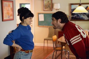 MR. THROWBACK -- Charlieworld Episode 102 -- Pictured: (l-r) Ayden Mayeri as Samantha, Adam Pally as Danny -- (Photo by: George Burns Jr/Peacock)