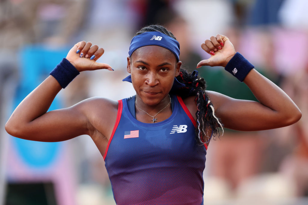 PARIS, FRANCE - JULY 28: Coco Gauff of Team United States celebrates after winning match point against Ajla Tomljanovic of Team Australia during the Women’s Singles first round match on day two of the Olympic Games Paris 2024 at Roland Garros on July 28, 2024 in Paris, France. (Photo by Matthew Stockman/Getty Images)