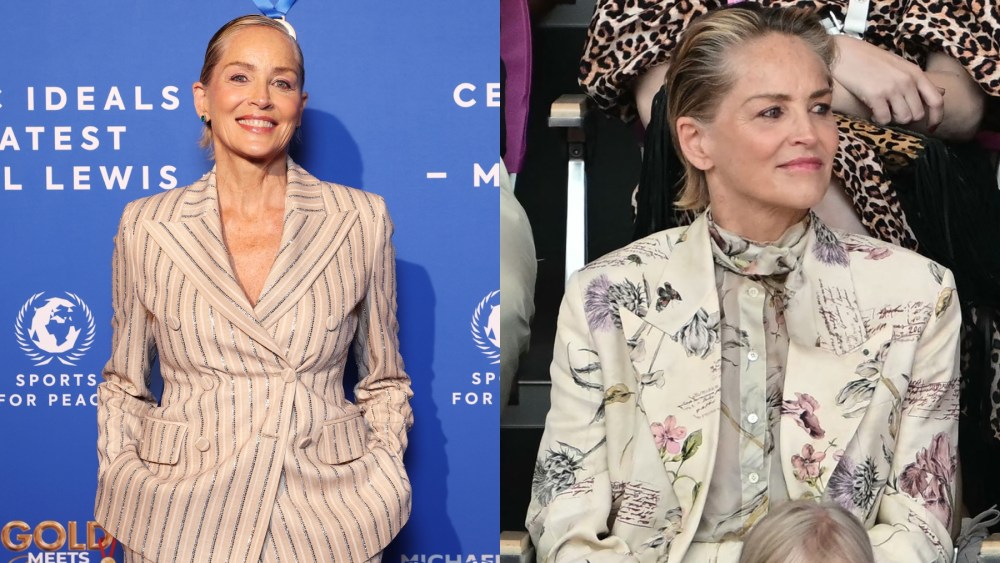 Sharon Stone attends the Olympic Gala of Champions on Aug. 3 in Paris; Sharon Stone at the 2024 Paris Olympics on Aug. 4, bedazzled pinstripe suit, Ermanno Scervino, florals