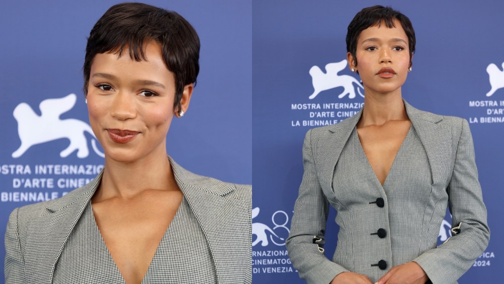 Taylor Russell attends a jury photocall for the Luigi De Laurentiis Award for a Debut Film on Aug. 28, John Galliano, checkered skirt suit, vintage, 1940s, 1990s, archival, Gianvito Rossi