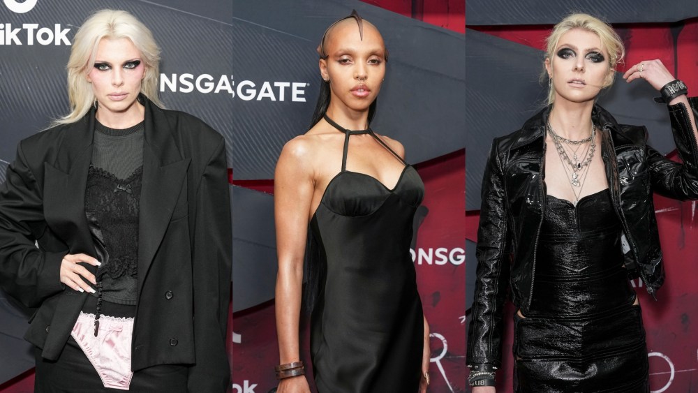 Julia Fox, FKA Twigs and Taylor Momsen at the premiere of "The Crow" on Aug. 20 in New York, Giorgio Armani, red carpet, Vaquera, Courrèges