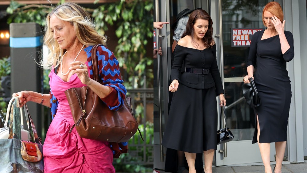 Sarah Jessica Parker, left, Kristin Davis, center, and Cynthia Nixon, right, filming 'And Just Like That...' Season Three in New York City, ajlt season 3 costumes wardrobe and fashion looks