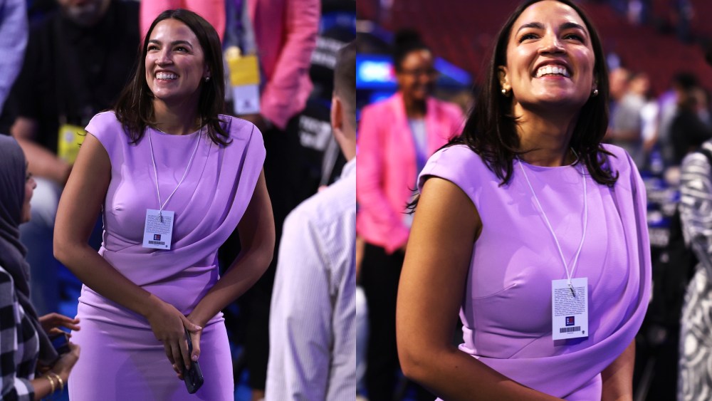 Rep. Alexandria Ocasio-Cortez wears a lilac dress and walks on the floor of United Center ahead of the Democratic National Convention (DNC) Aug. 18 in Chicago.