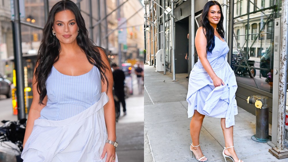Ashley Graham in a variation on the shirtdress is seen on August 12, 2024 in New York City.