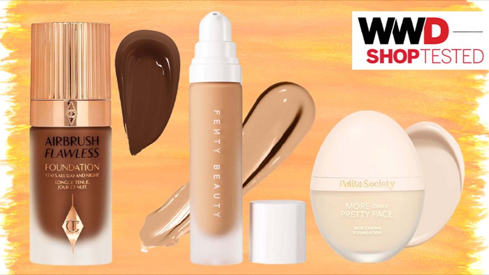 frosted glass foundation bottle with white pump and swatch