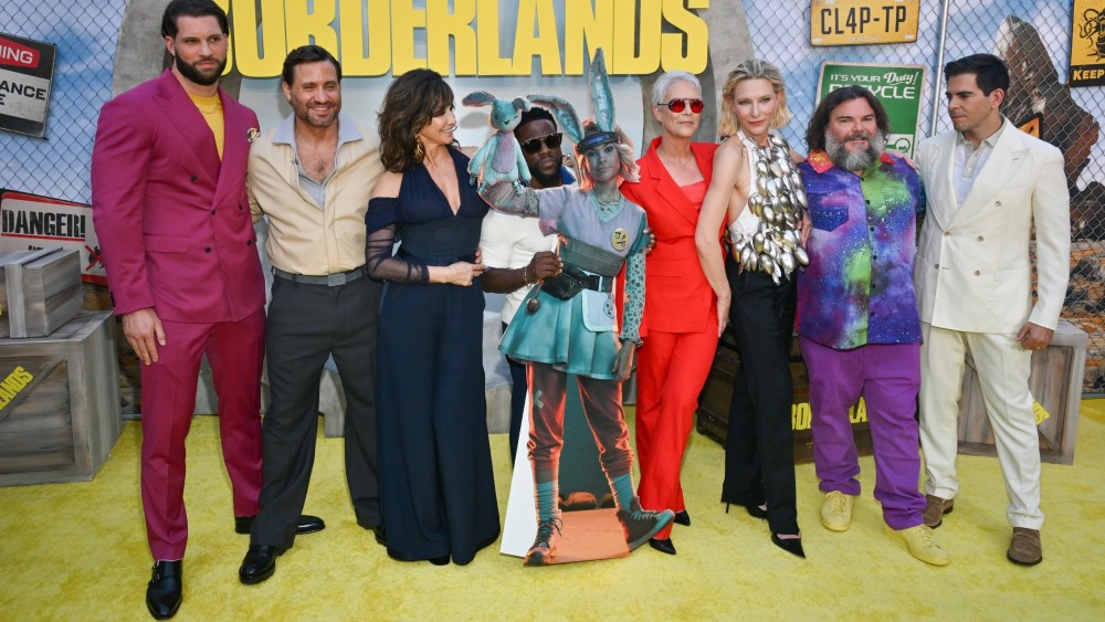 (L-R) Florian Munteanu, Édgar Ramírez, Gina Gershon, Kevin Hart, Jamie Lee Curtis, Cate Blanchett, Jack Black and Eli Roth at the "Borderlands" Special Los Angeles Fan Event at TCL Chinese Theatre on Aug. 06, 2024 in Hollywood.