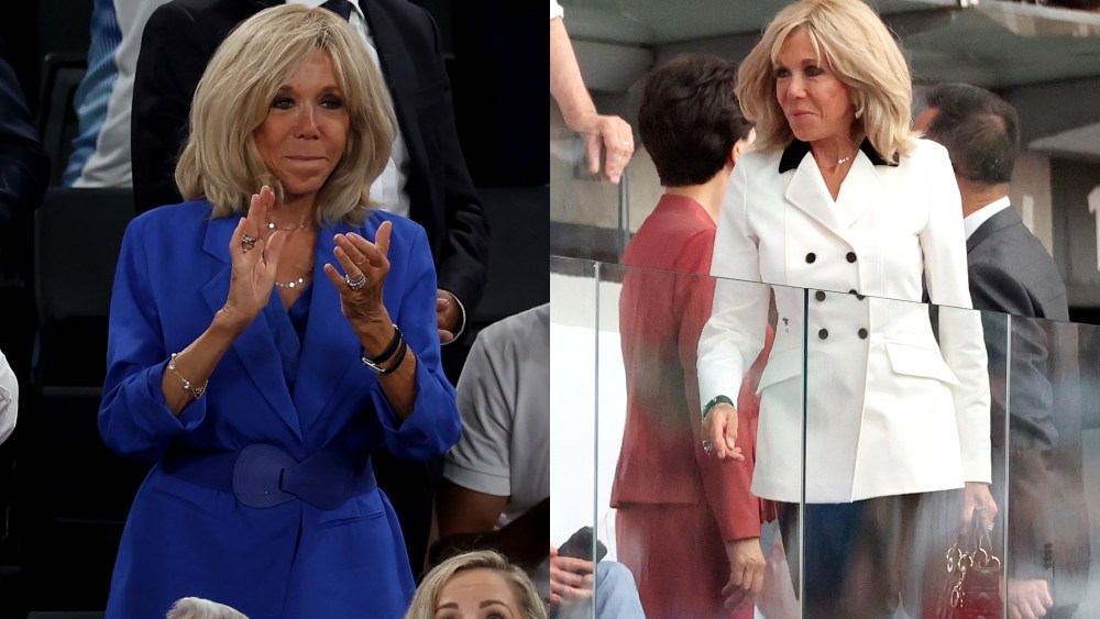 Brigitte Macron, in a sapphire blue suit and black-and-white suit, attends the final day of the 2024 Paris Olympics on Aug. 11.
