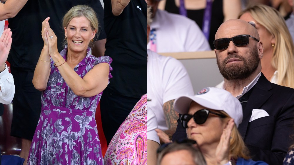 Sophie, Duchess of Edinburgh, left, and John Travolta, right at the 2024 Paris Olympics on Aug. 5 and Aug. 4.