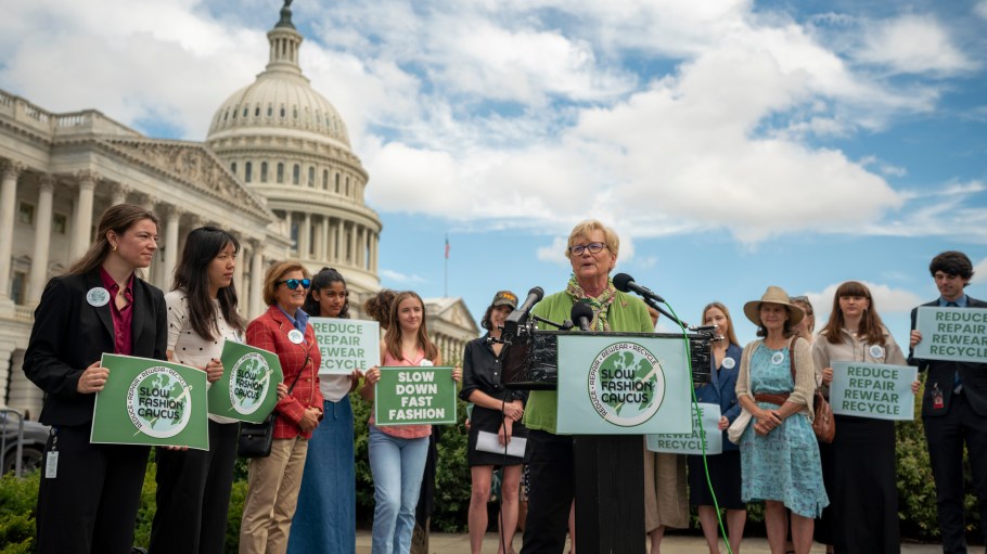 Rep. Chellie Pingree (D-Maine) speaks to supporters of the Slow Fashion Caucus.