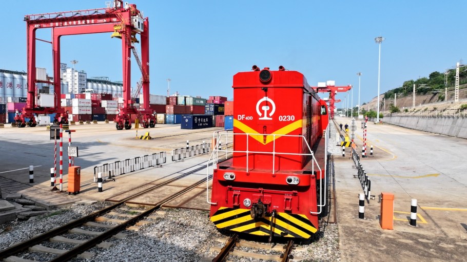 A China-Europe freight train is loading containers as it prepares to depart at the China-Kazakhstan (Lianyungang) Logistics Cooperation Base in Lianyungang, China, on July 3, 2024.