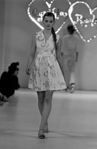 Model Guinevere Van Seenus during the Cynthia Rowley spring 1996 show.