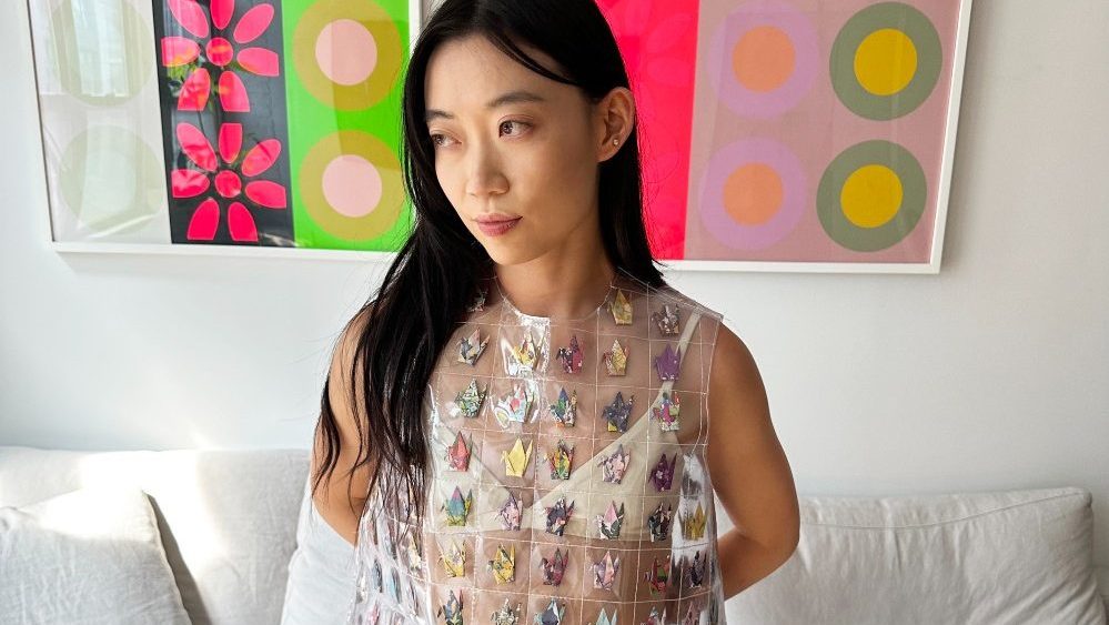Designer Olivia Cheng in a custom crane dress.