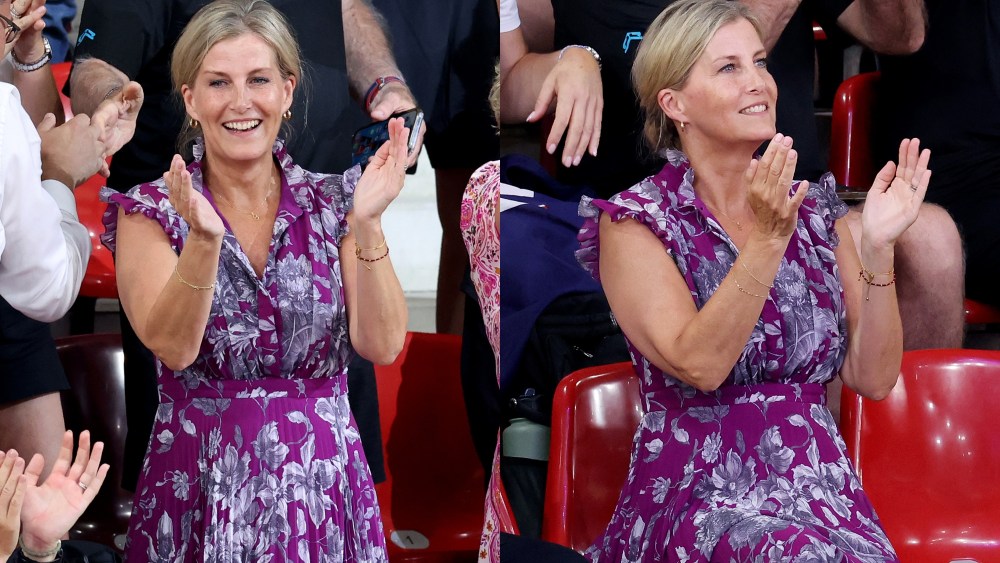 Sophie, Duchess of Edinburgh, wearing Erdem, celebrates the gold medal of Team Great Britain in the Women’s Team Sprint and the world record during the Track Cycling on day ten of the Olympic Games Paris 2024 at Saint-Quentin-en-Yvelines Velodrome on August 05, 2024 in Paris, France.