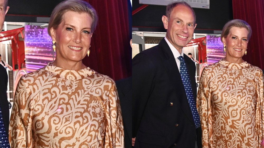 Sophie, Duchess of Edinburgh in a Matelier maxidress at a special performance of 'Starlight Express' with husband Prince Edward on Aug. 7.