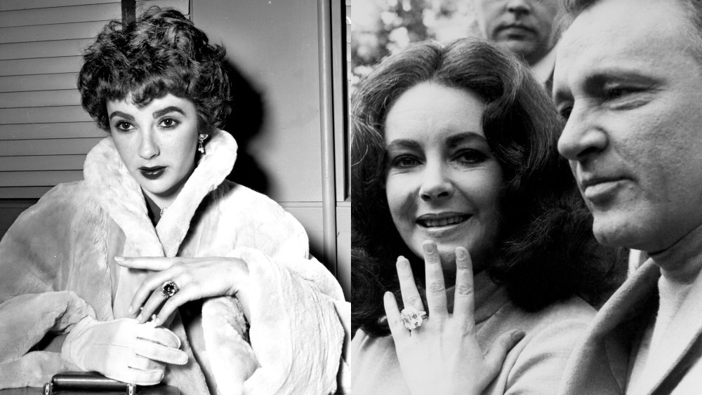 Elizabeth Taylor in 1952, left, Elizabeth Taylor and Richard Burton in 1968, right, engagement rings