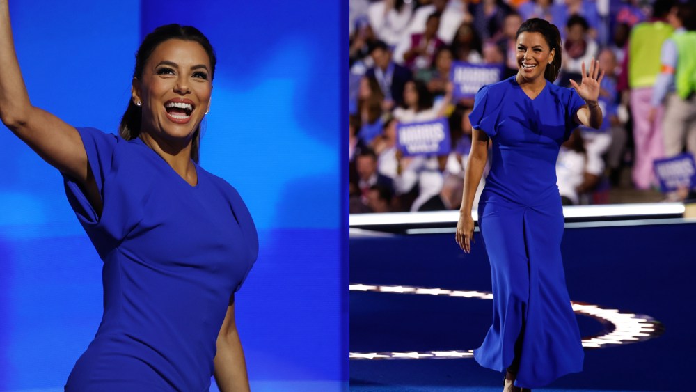 Eva Longoria wears blue victoria beckham dress during the final day of the Democratic National Convention at the United Center on Aug. 22, 2024, in Chicago.