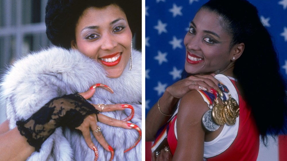 long red nails, flojo nails, flo-jo fashion style outfits and looks, track and field olympic runner winner record-setting, 1986: Florence Griffith poses for a picture.