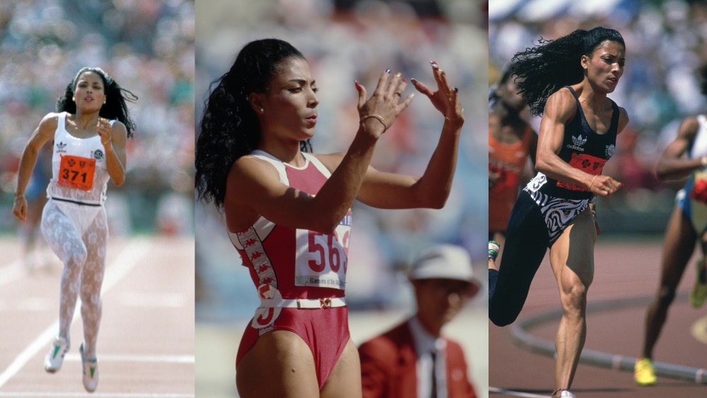 Florence Griffith Joyner at the 1988 Olympic Trials, left, at the 1988 Summer Olympics, center, and running the women's 200 meter race during the 1988 Olympic trials, flojo fashion style and outfits, nails
