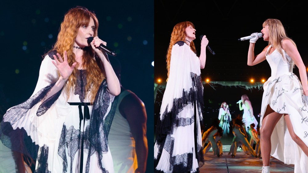 Florence Welch in custom Del Core, left, performs with Taylor Swift in custom Vivienne Westwood, right, during 'The Eras Tour' at Wembley Stadium in London on Aug. 20.