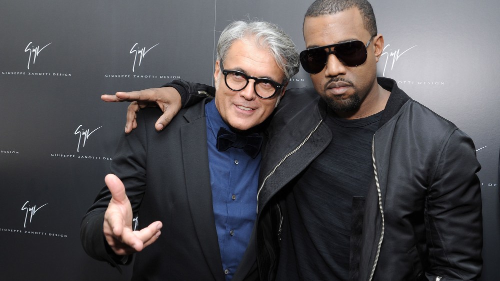 BEVERLY HILLS, CA - FEBRUARY 04:  Designer Giuseppe Zanotti (L) and  Kanye West attend the Giuseppe Zanotti Design Beverly Hills Store Opening cocktail reception held on February 4, 2011 in Beverly Hills, California.  (Photo by John Sciulli/Getty Images for Giuseppe Zanotti Design)