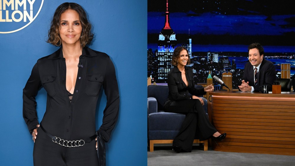 Halle Berry wears tom ford jumpsuit on The Tonight Show Starring Jimmy Fallon on Aug. 15.