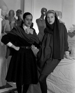Isabel Toledo poses with a model in her fall 1987 collection.