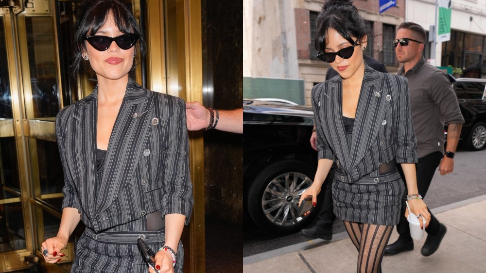 Jenna Ortega in Vivienne Westwood seen in New York City on Aug. 18.