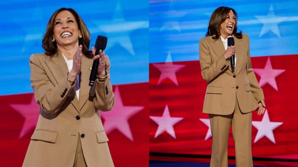 Vice President Kamala Harris, wearing a bespoke Chloe tan suit, shares remarks on night one of the Democratic National Convention in Chicago on Aug. 19.