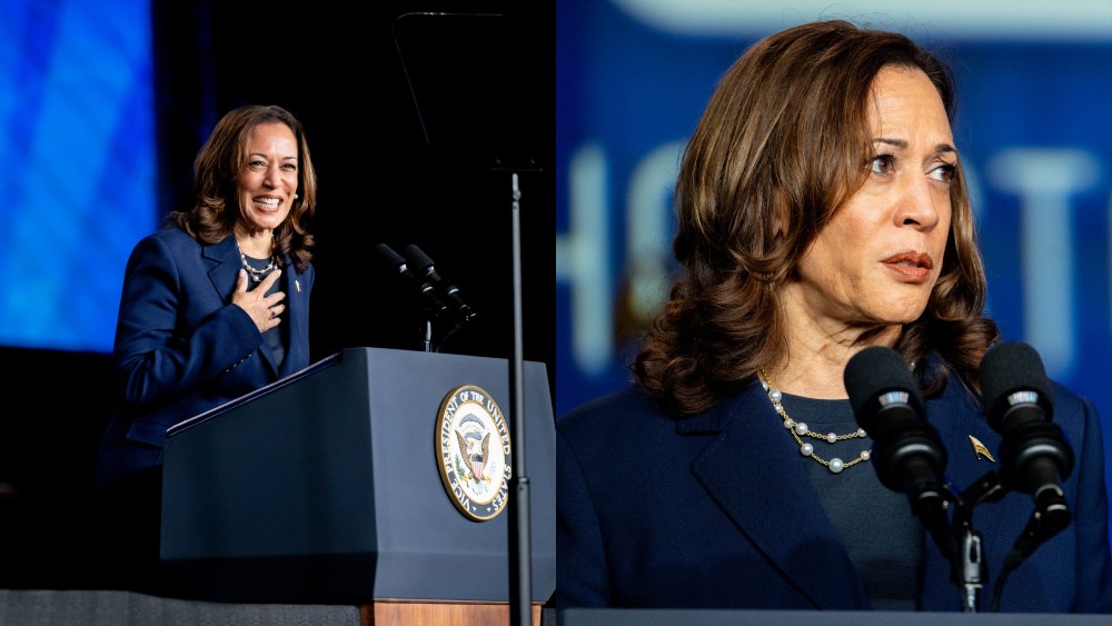 Kamala Harris wears a navy suit and irene neuwirth pearls necklace and delivers remarks during the Sigma Gamma Rho's 60th International Biennial Boule at the George R. Brown Convention Center on July 31 in Houston, Tx.