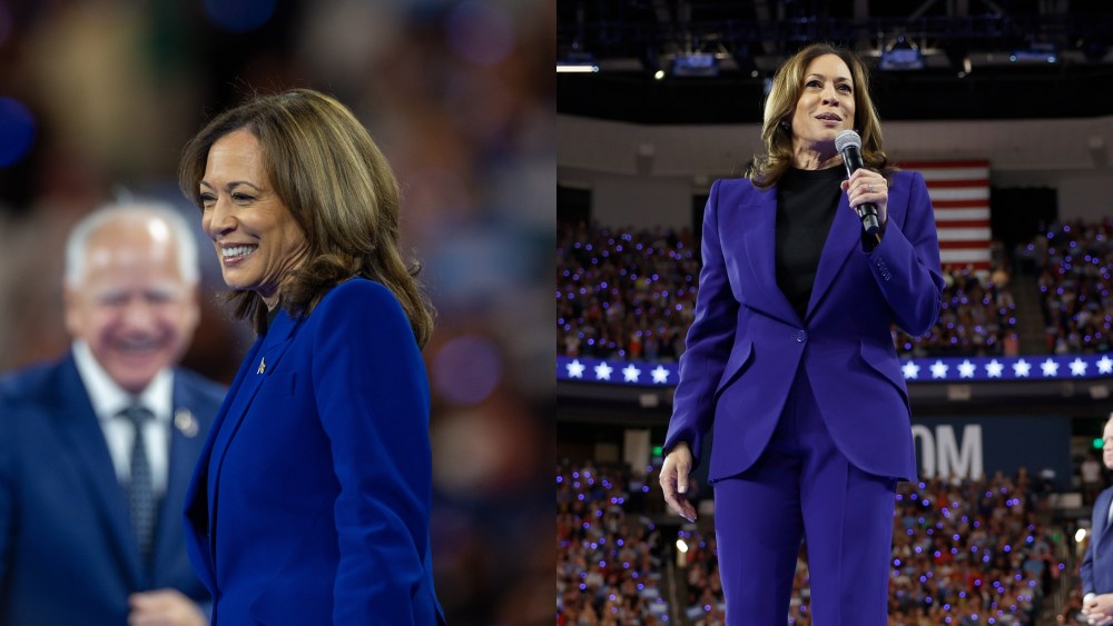Kamala Harris in a blue suit at a campaign rally in Milwaukee on Aug. 20.