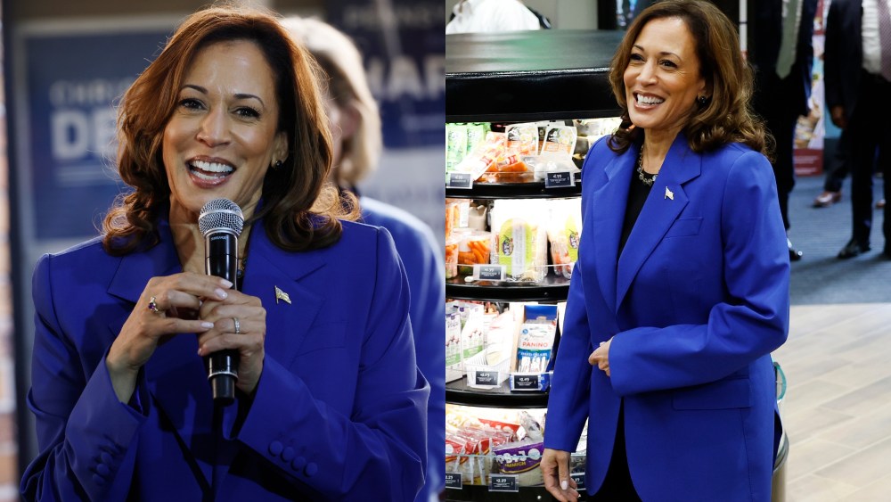 Kamala Harris in a blue and black suit during a campaign stop in Western Pennsylvania on Aug. 18.