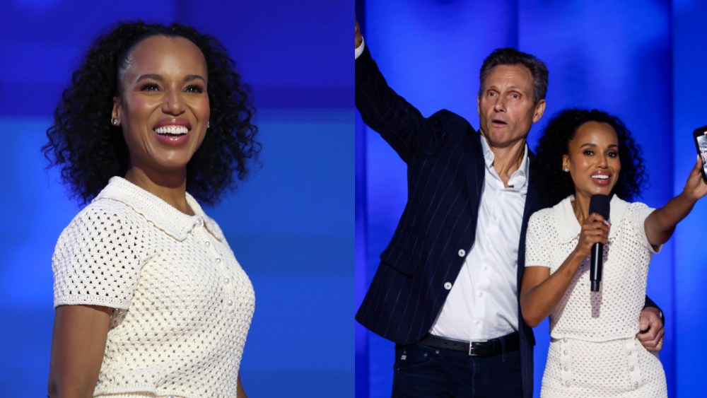 Tony Goldwyn and Kerry Washington wearing a white Santicler crochet polo dress during the final day of the Democratic National Convention at the United Center on Aug. 22, 2024, in Chicago.