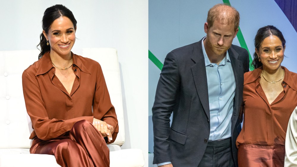 Meghan Markle brown victoria beckham shirt speaks during the Responsible Digital Future forum in Bogota on Aug. 15, 2024, with Prince Harry, prince harry, colombia, south america, quiet luxury fashion trends style, La Ligne pants
