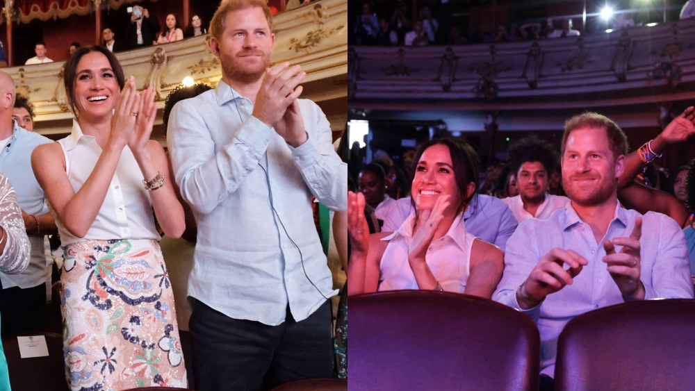 Meghan Markle in Silvia Tcherassi and Prince Harry, Duke of Sussex seen at the Afro-Descendant Women and Power: Voice of Equity at the Teatro Municipal on Aug. 18 in Cali, Colombia.