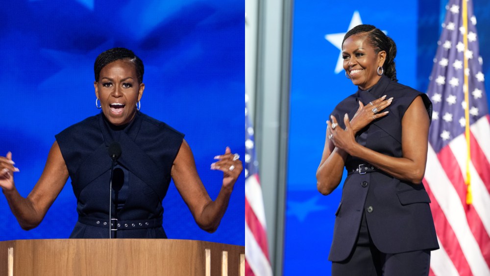 Michelle Obama wears monse outfit during the second day of the Democratic National Convention at the United Center on Aug. 20, 2024, in Chicago.