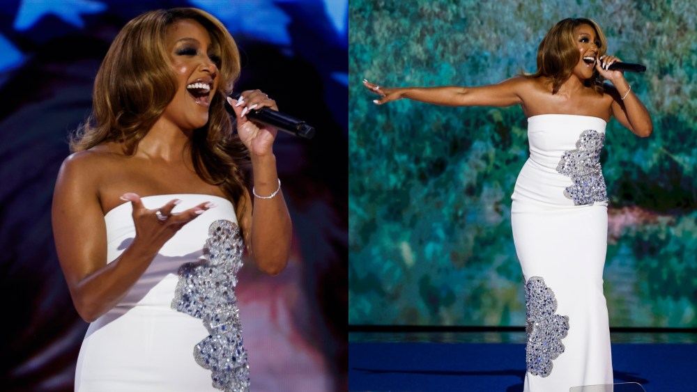 Mickey Guyton wears a maxidress by Rebecca Vallance and performs during the Democratic National Convention on Aug. 19 in Chicago.
